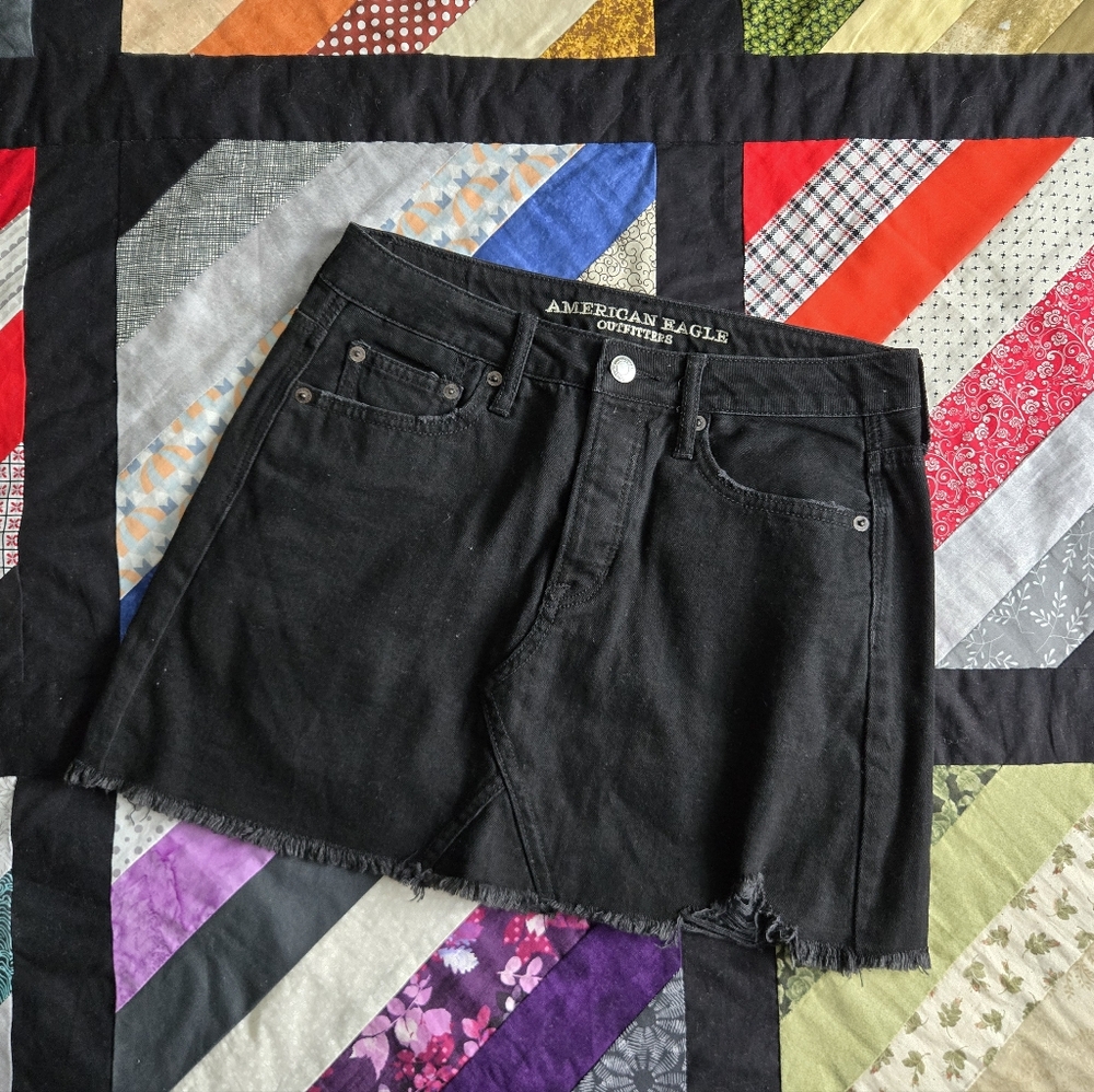 American Eagle Outfitters Denim Mini Skirt Black Ripped Frayed A Line